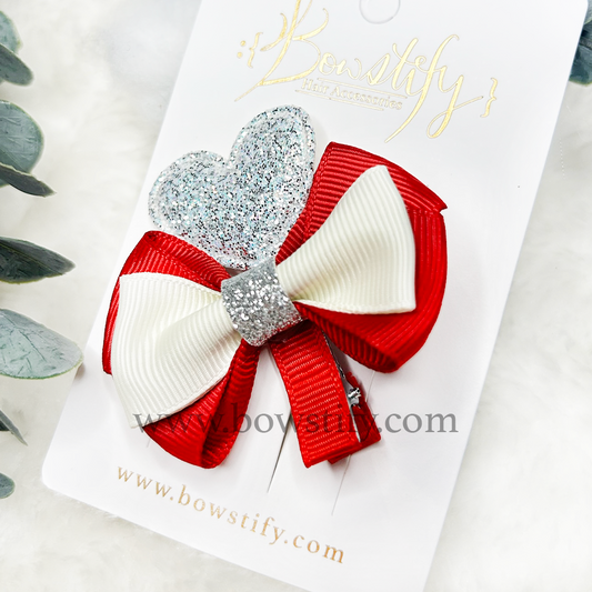 Red and White 2 Layers Love Heart Hair Clip | Dearly Beloved Valentine's Bow
