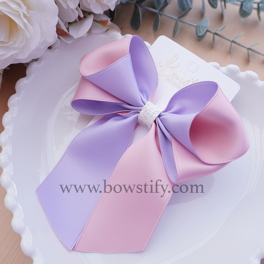 Dream Duo Pastel Pink and Purple Satin Tails Down Hair Bow