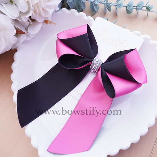 Dream Duo Midnight Black and Pink Satin Tails Down Hair Bow