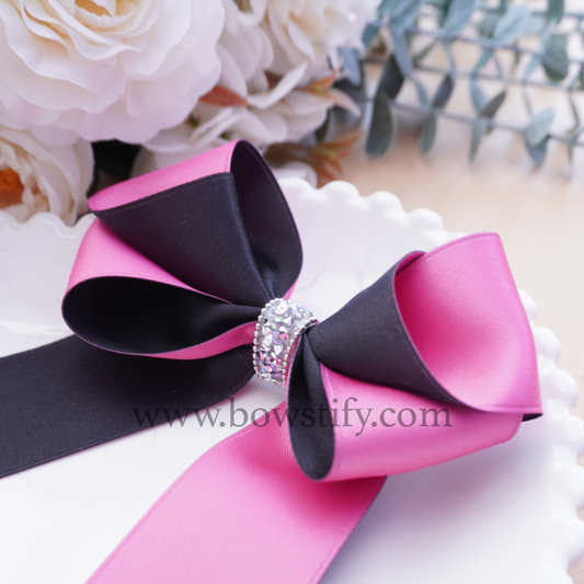 Dream Duo Midnight Black and Pink Satin Tails Down Hair Bow