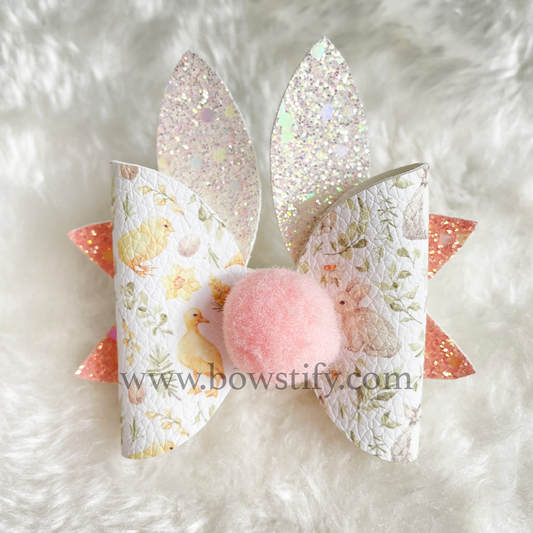 Faux Leather Glitter Easter Bunny and Chicks Dolly Hair Bow Hair Clip