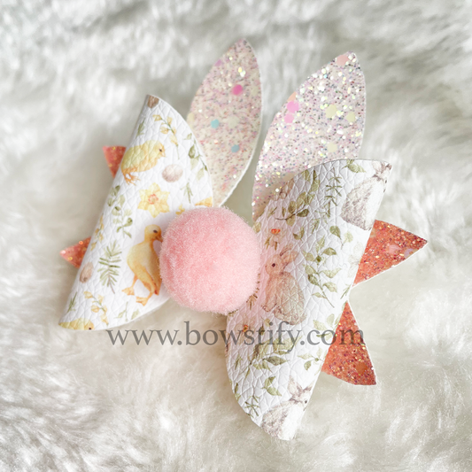 Faux Leather Glitter Easter Bunny and Chicks Dolly Hair Bow Hair Clip