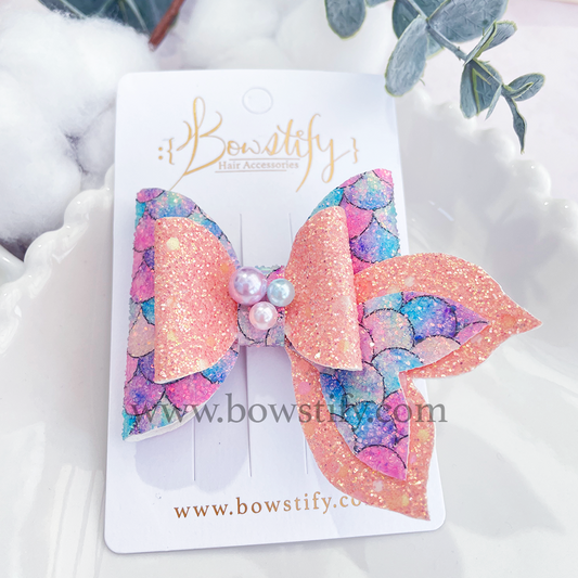 Seaside Sparkle Light Coral Leather Glitter Mermaid Tail Dolly Hair Bow