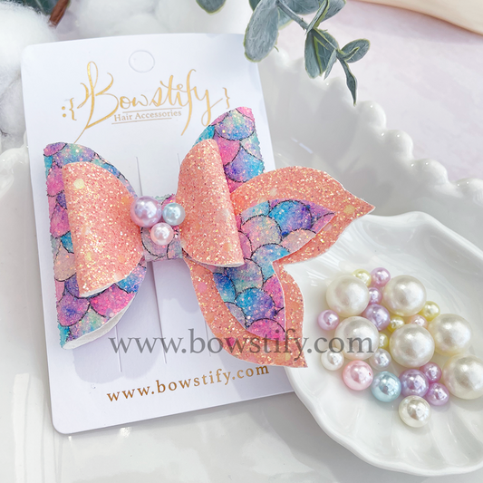 Seaside Sparkle Light Coral Leather Glitter Mermaid Tail Dolly Hair Bow