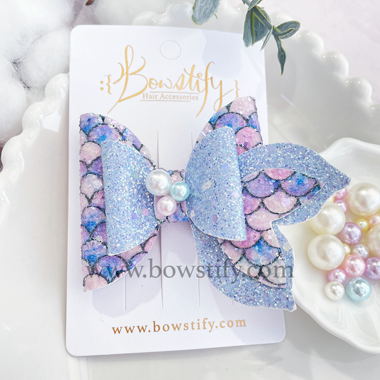 Seaside Sparkle Ocean Blue Leather Glitter Mermaid Tail Dolly Hair Bow