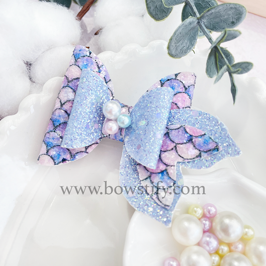 Seaside Sparkle Ocean Blue Leather Glitter Mermaid Tail Dolly Hair Bow