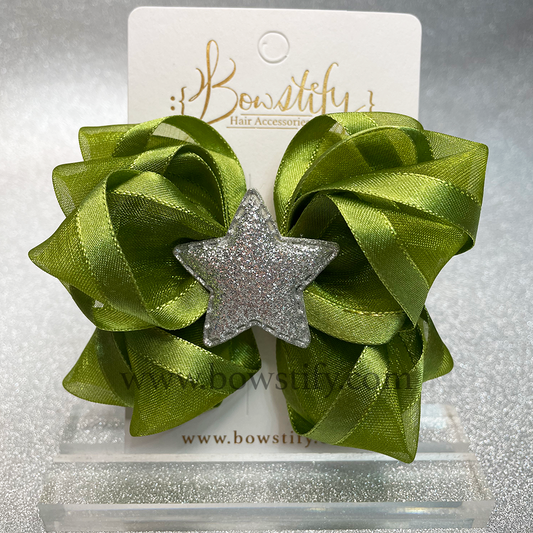 Christmas Silver Star Green Stacked Hair Bow