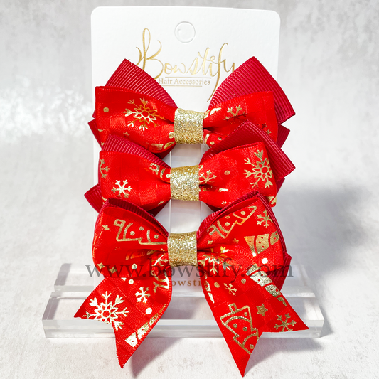 Christmas Poppy Red Basic and Tails Down Trio Hair Bow Set