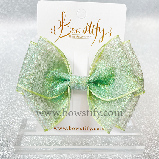 Double Organza Lichen Green Glitter Ribbon Hair Bow