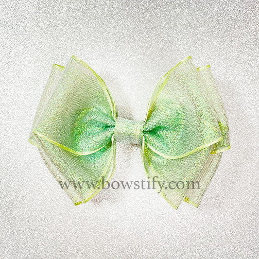 Double Organza Lichen Green Glitter Ribbon Hair Bow