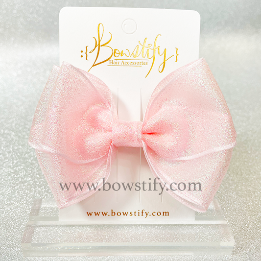 Double Organza Rose Petal Pink Glitter Ribbon Hair Bow