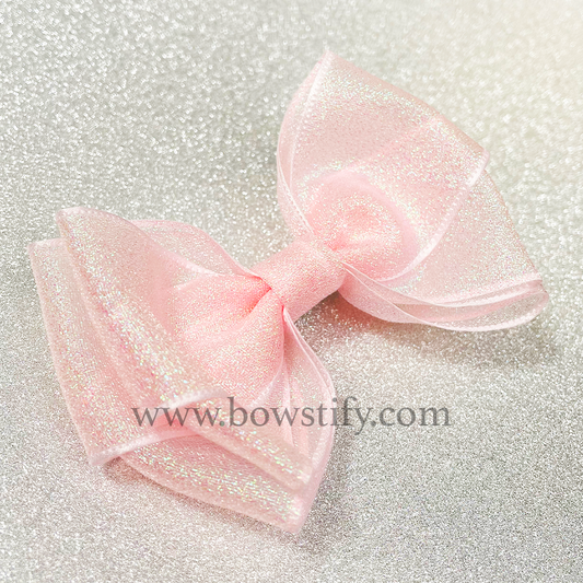 Double Organza Rose Petal Pink Glitter Ribbon Hair Bow