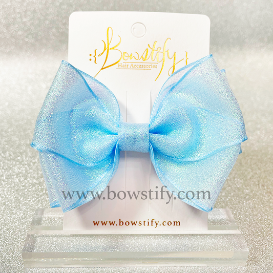 Double Organza Cinderella blue Glitter Ribbon Hair Bow