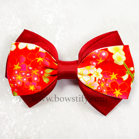 School Maroon Red Floral Cross Hair Bow