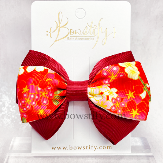 School Maroon Red Floral Cross Hair Bow