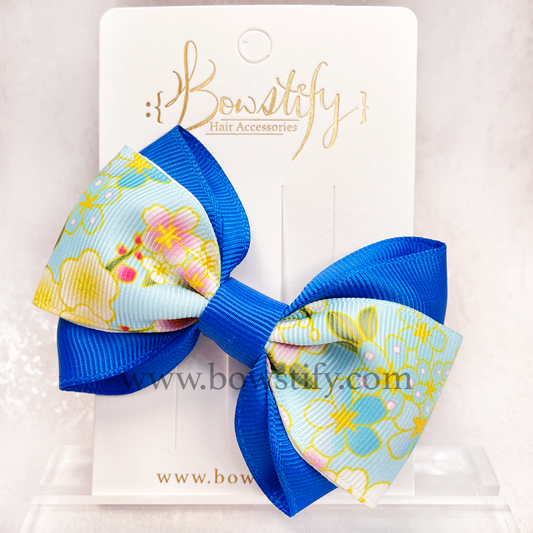 School Bright Blue Floral Cross Hair Bow