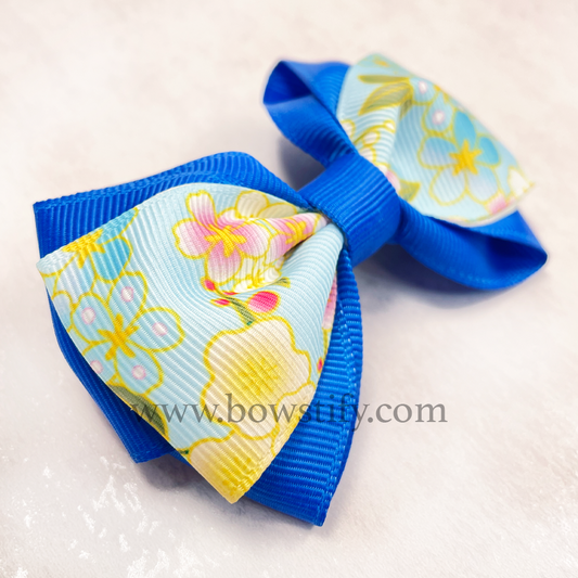 School Bright Blue Floral Cross Hair Bow