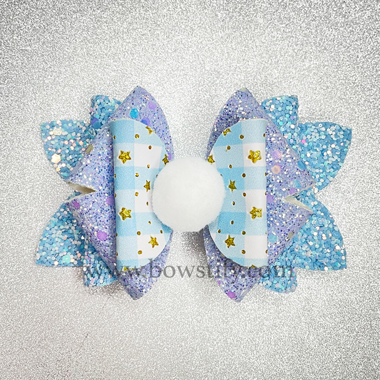 Winter Fairy Ocean Blue Leather Glitter Hair Bow