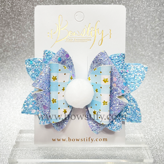 Winter Fairy Ocean Blue Leather Glitter Hair Bow