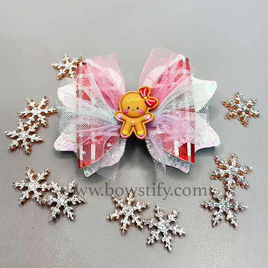 Christmas Gingerbread Leather Glitter Tulle Hair Bow