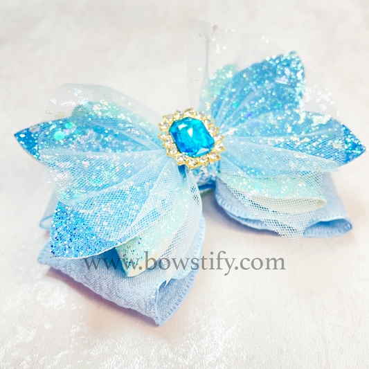 Winter Fairy Cinderella Blue Leather Glitter Tulle Hair Bow