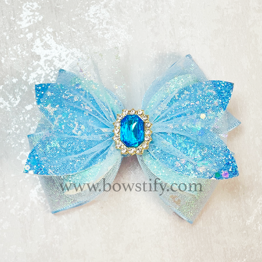 Winter Fairy Cinderella Blue Leather Glitter Tulle Hair Bow