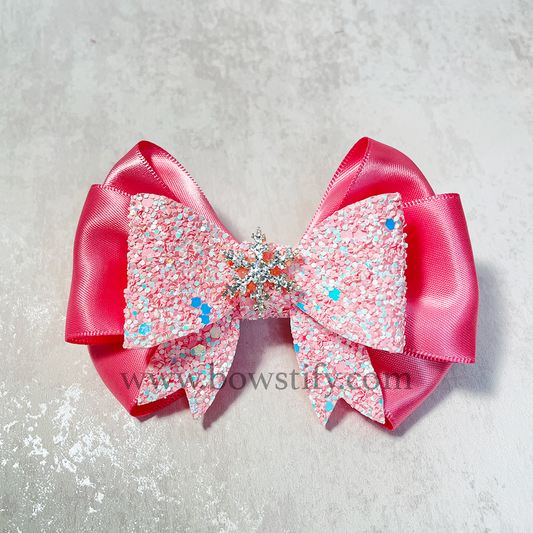 Winter Fairy Millennial Pink 2 Layers Leather Glitter Tails Down Bow