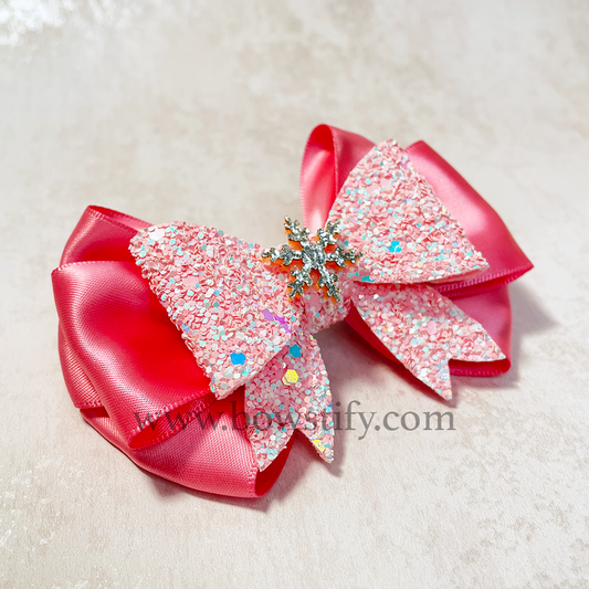 Winter Fairy Millennial Pink 2 Layers Leather Glitter Tails Down Bow