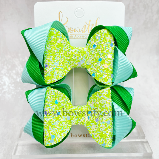 Emerald Leather Glitter Dolly Inside-Out Hair Bow (2 Pack)