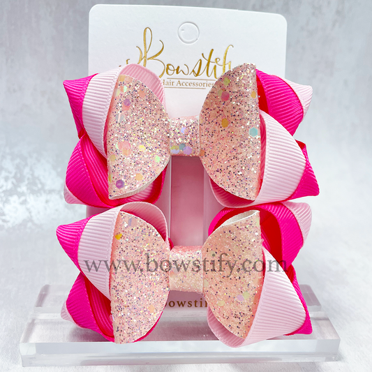 Rose Petal Pink Leather Glitter Dolly Inside-Out Hair Bow (2 Pack)