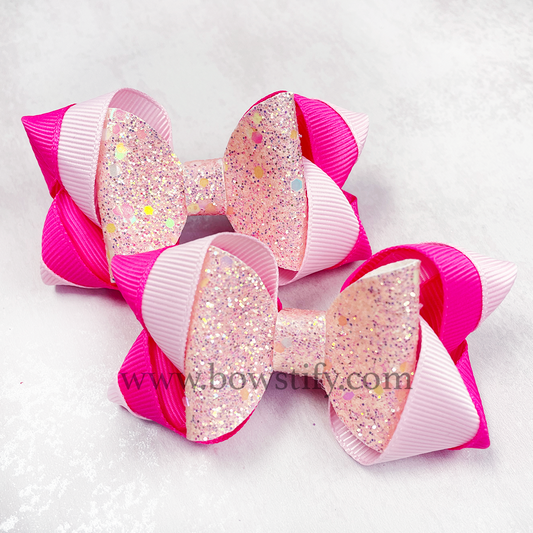 Rose Petal Pink Leather Glitter Dolly Inside-Out Hair Bow (2 Pack)