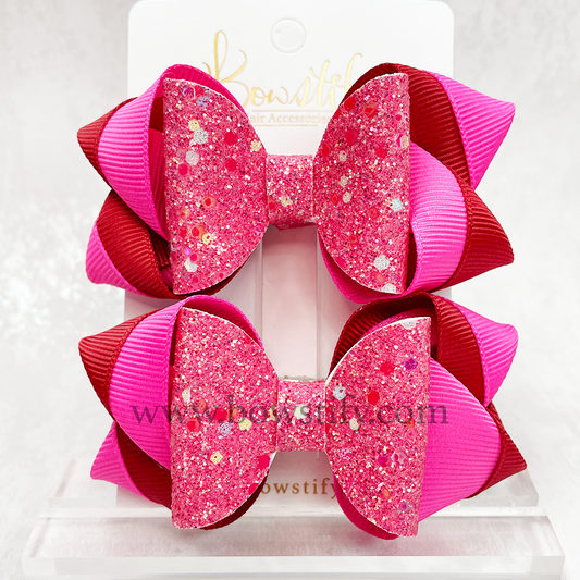 Maroon Red Leather Glitter Dolly Inside-Out Hair Bow (2 Pack)