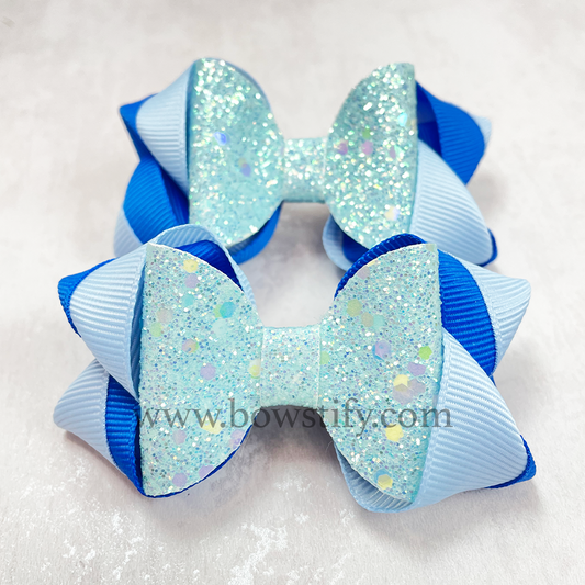 Bright Blue Leather Glitter Dolly Inside-Out Hair Bow (2 Pack)