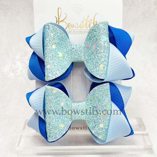 Bright Blue Leather Glitter Dolly Inside-Out Hair Bow (2 Pack)