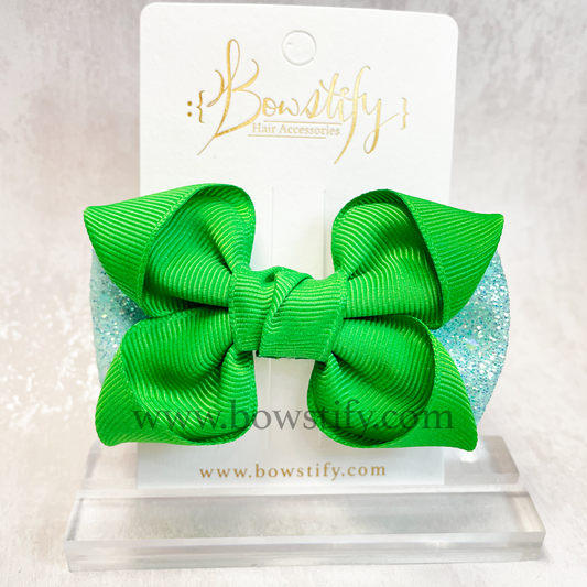 Emerald Green Leather Glitter Pointed Loopy School Hair Bow