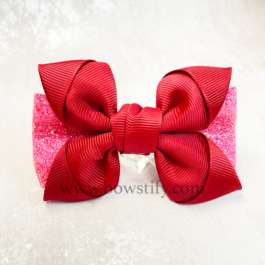 Maroon Red Leather Glitter Pointed Loopy School Hair Bow