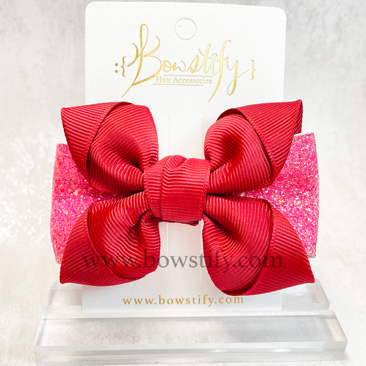 Maroon Red Leather Glitter Pointed Loopy School Hair Bow