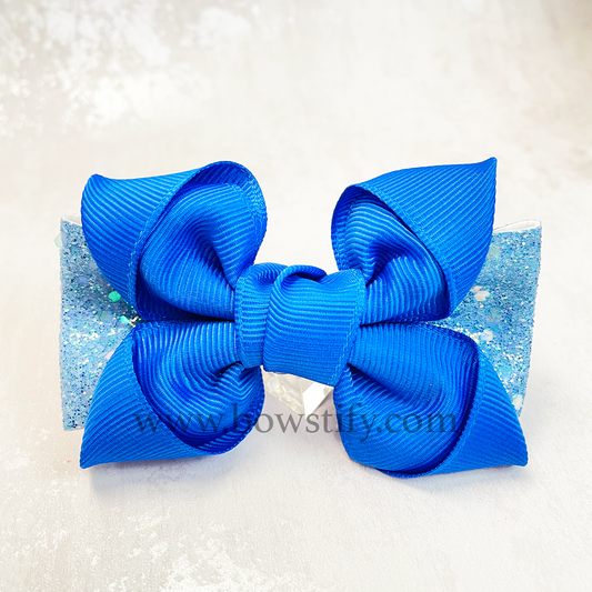 Bright Blue Leather Glitter Pointed Loopy School Hair Bow