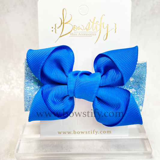 Bright Blue Leather Glitter Pointed Loopy School Hair Bow