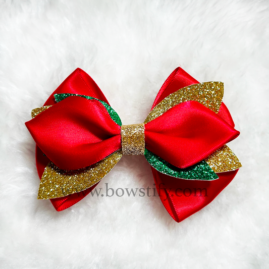 Christmas Sparkle Pointed Loopy Leather Glitter Hair Bow Clip