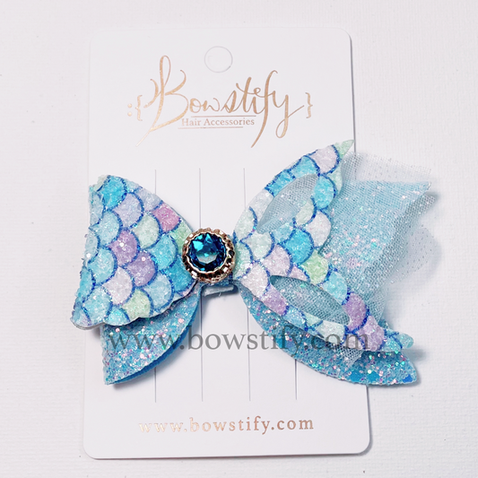 Ocean Blue Mermaid Gem Glitter Hair Bow